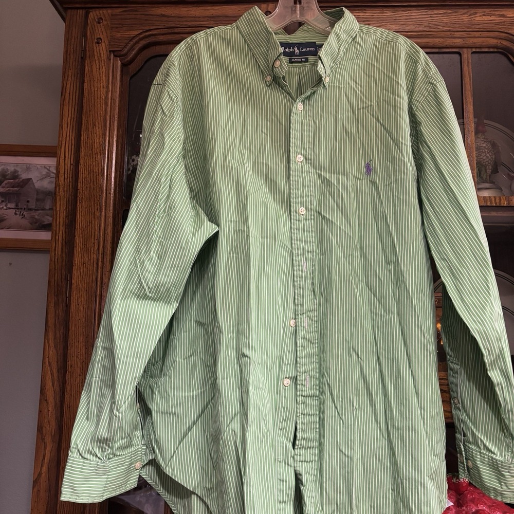 Ralph Lauren Men's‎  Long Sleeve Shirt Size 18 34/35 Classic Fit Green Stripe - Picture 5 of 6